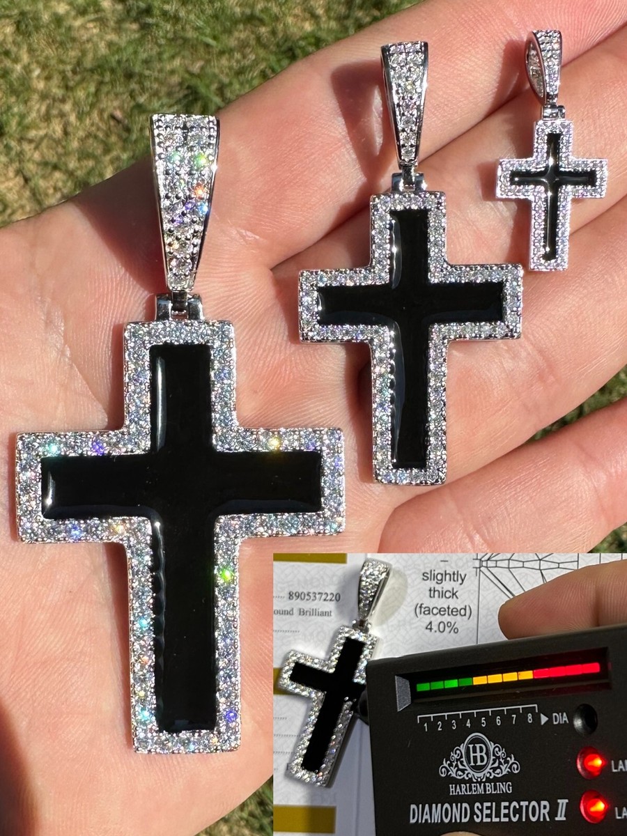 MOISSANITE Cross Pendant Iced Necklace Black Enamel Real 925