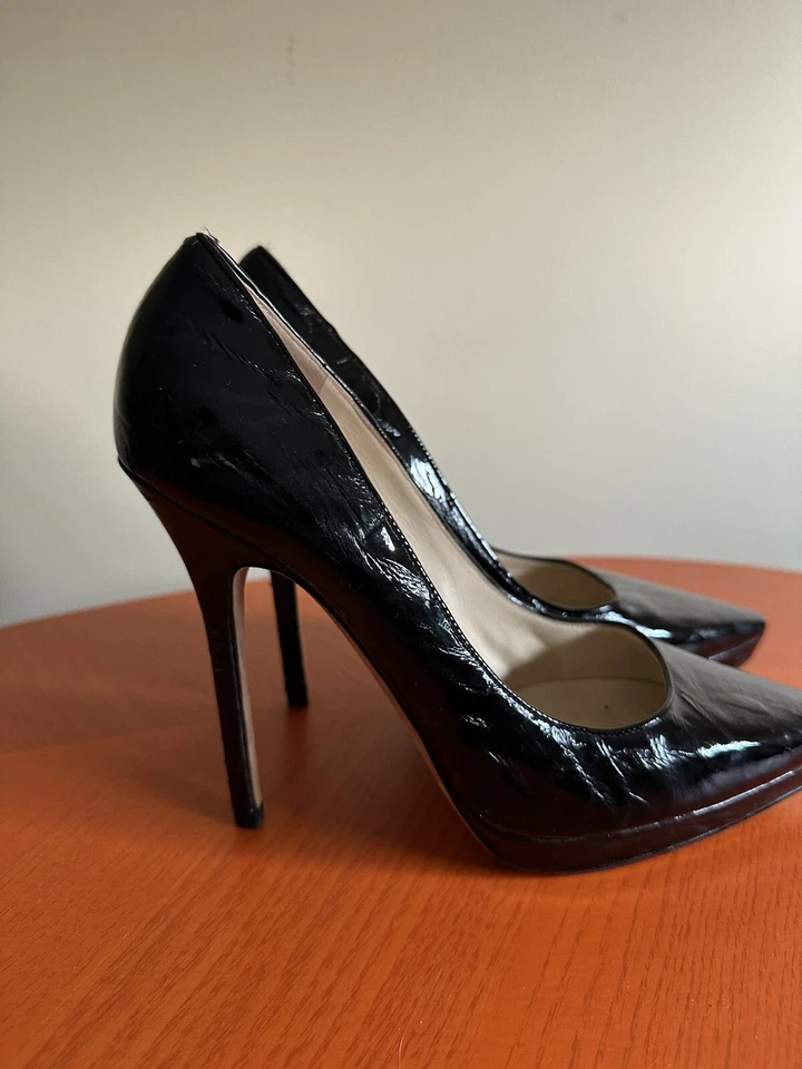 Jimmy Choo Black Textured Patent Leather Aude Pointed Toe Pumps Size 7.5 - Image 2 of 4