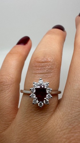 PLATINUM CLUSTER OVAL RUBY AND DIAMONDS RING 0.91CT GG234 - Picture 8 of 19