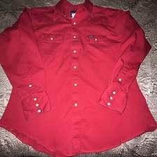 Wrangler Mens 17 1/2 - 35 Red Pearl Snap Front Pockets Heavyweight Western Shirt
