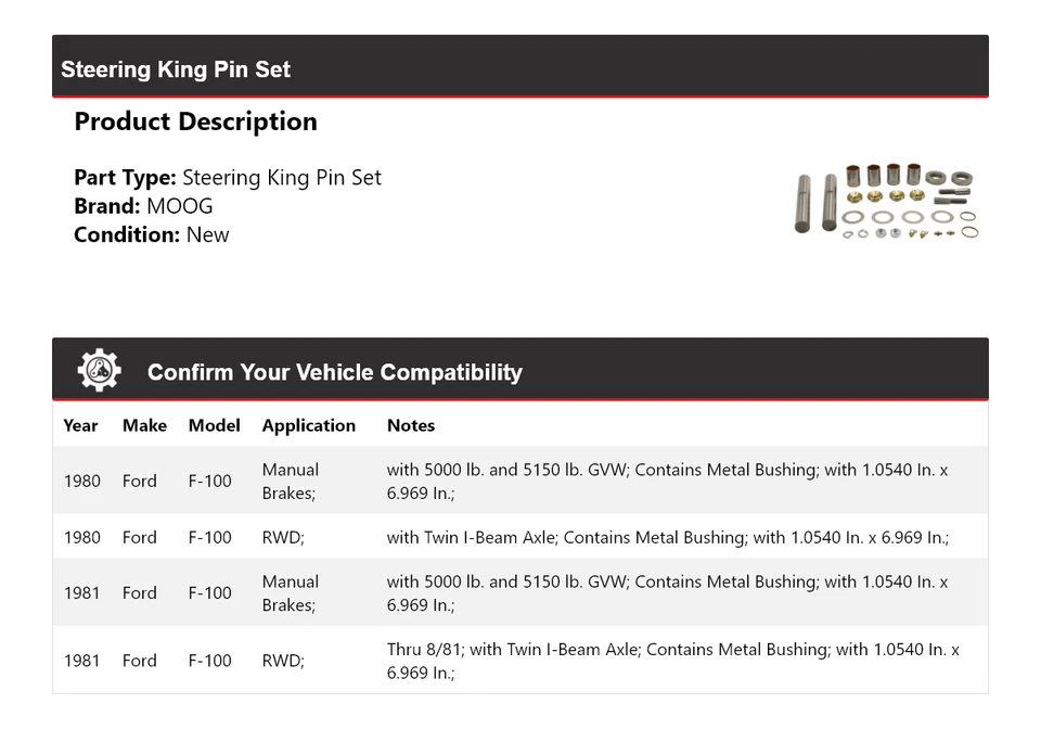 Juego de pasadores de dirección King MOOG para Ford F-100 1980-1981 Foto 2 de 4