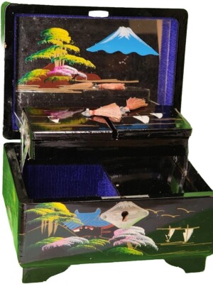 Vintage Japanese Black Lacquered Hand Painted Musical Jewelry