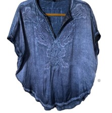 Women s Medium Blue Silk Blouse Embroidered Limited Edition EUC Boho
