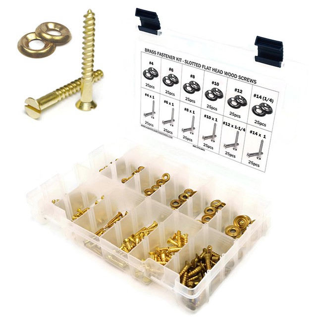 Brass Slotted Flat Head Wood Screw Assortment Kit with Cup Washers 4