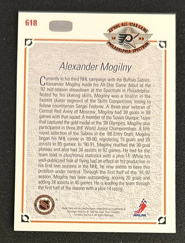 1991-92 Upper Deck Alexander Mogilny All-Star Hockey Card #618 Sabres VG O/C - Image 2 of 2