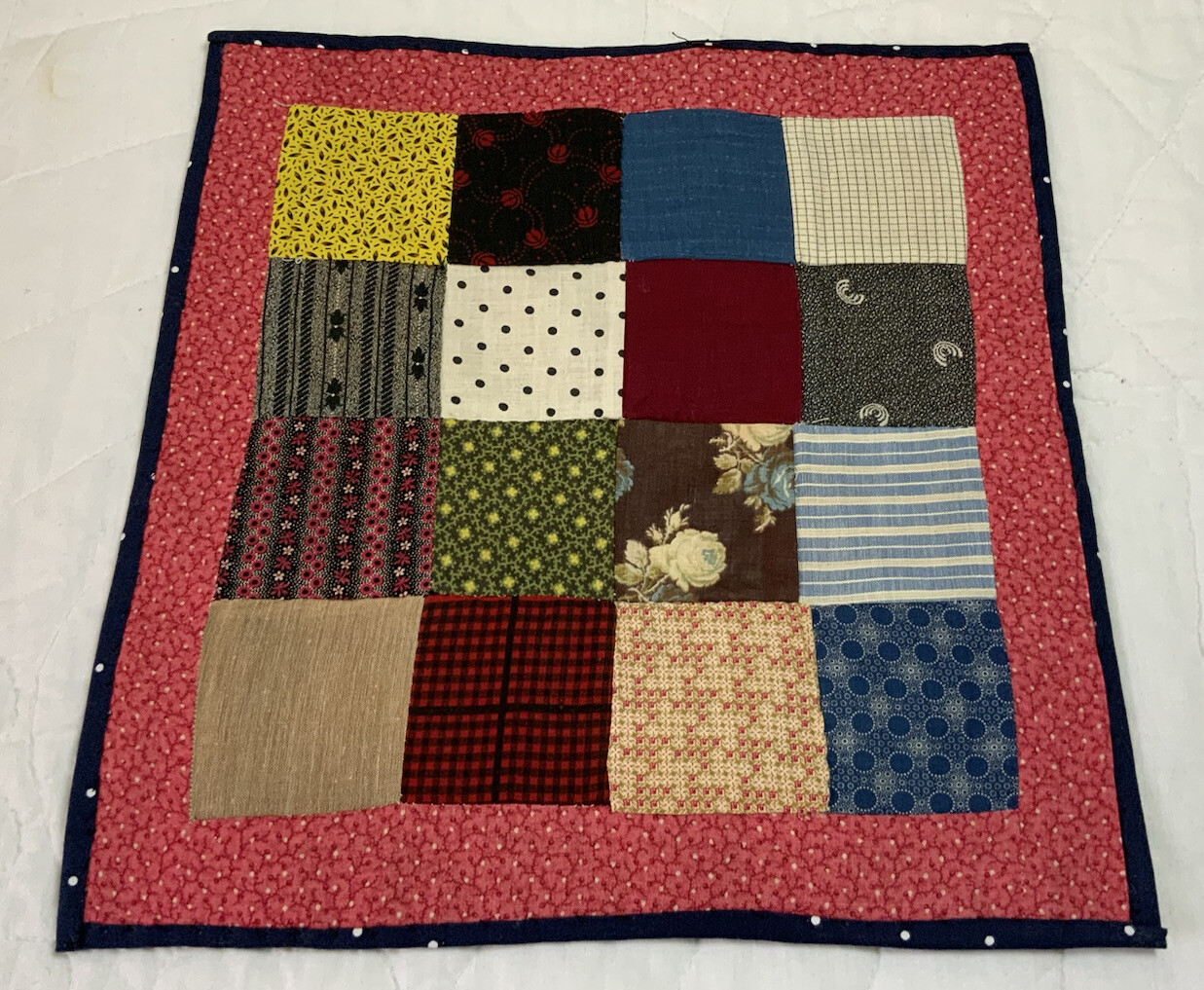 Vintage Antique Patchwork Quilt Table Topper, Four Patch, Early Calico Prints