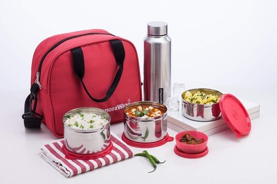 Signoraware Sling Steel Lunch Box with Steel Bottle, Set of 5, Red