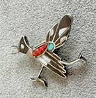 Vtg STERLING Silver Coral Onyx MOP ROADRUNNER BROOCH Pin Signed ANJ Navajo — photo 1