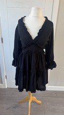 Shein Womens Black Ruffle Smock Dress Long Sleeve Mini UK 4-6 XS B38