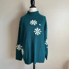 Vintage 90s Scandia Woods Teal Snowflake Sweater XL Cozy Winter Holiday Party