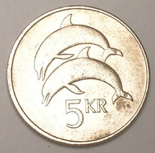 1992 Iceland Icelandic 5 Kronur Dolphins Fish Coin VF+