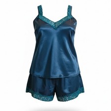Silky Satin Teal Lace Trim Pajama Set Womens L Camisole Tank & Shorts Sleepwear