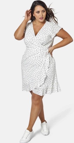 Sunday In The City Framed Frill Dress White & Black Spot Wrap Dress NEW Size 20