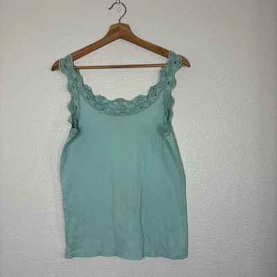 Fresh Produce Y2K Tank Top Womens Large Green Lace Trim Ribbed Jersey Camisole