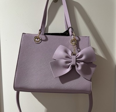 Purple Satchel Top Handle Bag Detachable Crossbody Strap Bow Charm Gold Zip