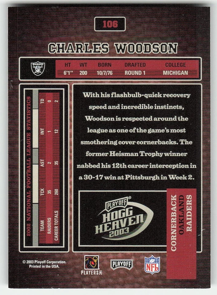 2003 Playoff Hogg Heaven #106 Charles Woodson FOOTBALL Oakland Raiders - Image 2 of 2