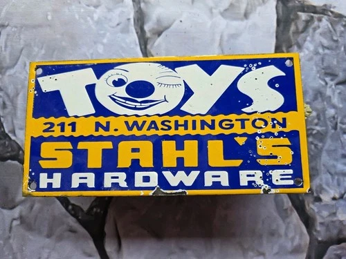 VINTAGE 1950'S TOYS PORCELAIN SIGN STAHL'S HARDWARE 10"×5"