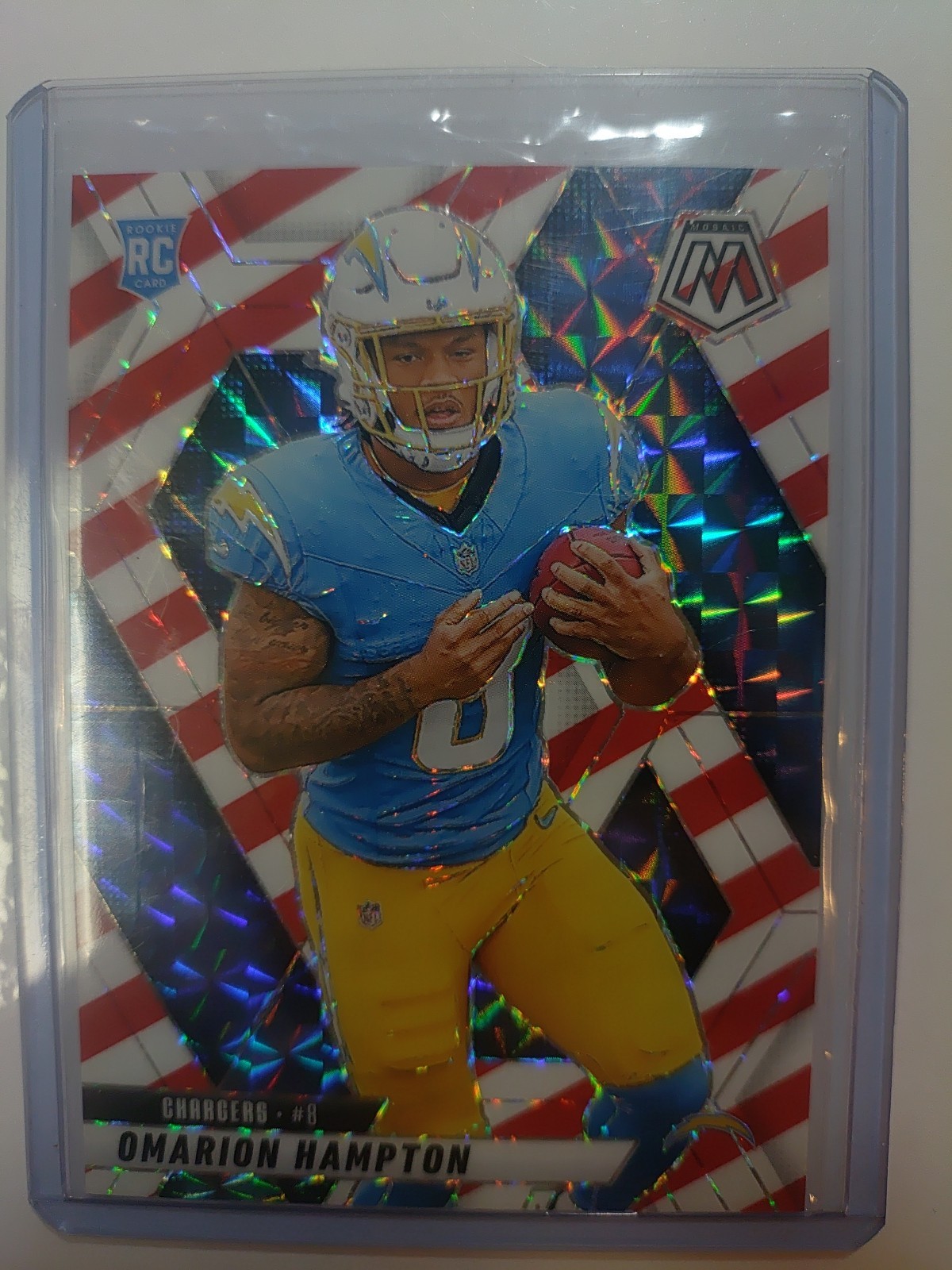 2025 Panini Mosaic - Rookies Omarion Hampton #335 Red & White Stripe Prizm (RC)