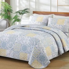 Quilt Set 3 Pieces, Blue/Yellow/Grey Patchwork Queen Light Blue Yellow