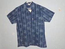 Anokhi Men's Shirt L Blue Striped Leaf Handmade Block Print Cotton Inia