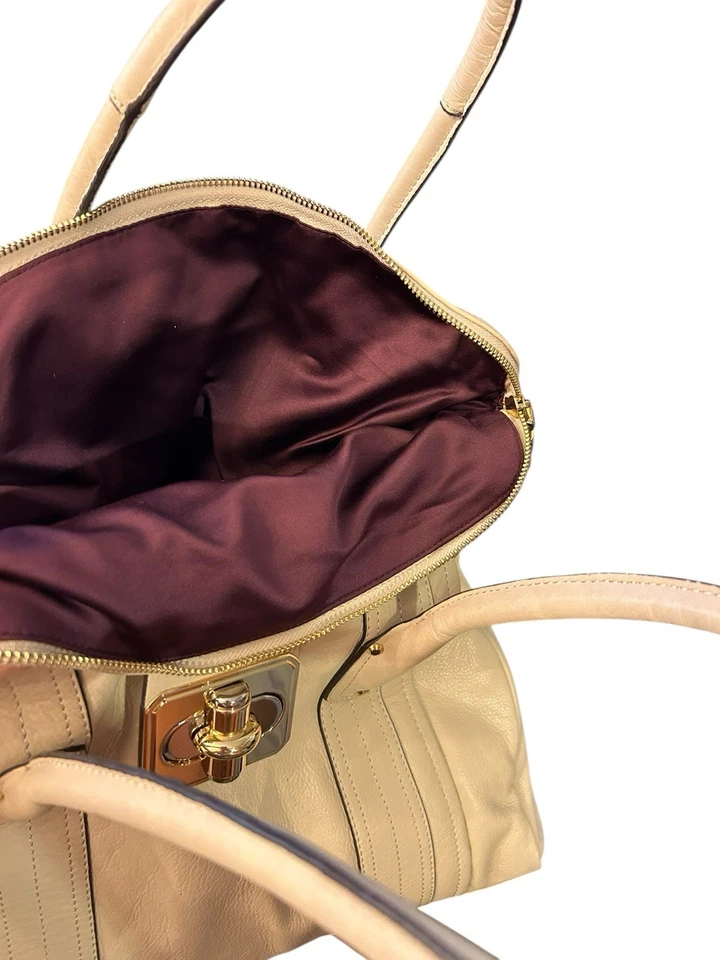 B Makowsky Rockefeller Large Leather Handbag Satchel Ivory Purple Flap Turn Lock - Image 2 of 4