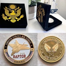 U S AIR FORCE F-22 RAPTOR Stealth Fighter Challenge Coin With Velvet Case