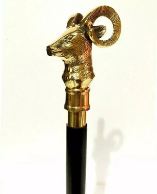 3-Fold Vintage Brass Goat Handle Walking Stick Designer Wooden Cane For Gift