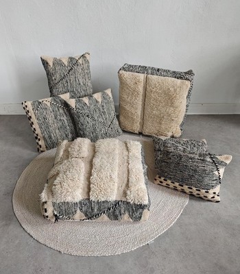 Berber Pouf & Kissenhülle aus Marokko, Beige Schwarz, flauschige Berber Kissen