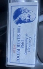 The Washington Mint 1998 $100 Silver Proof Bar 0.999 Silver with Certificate