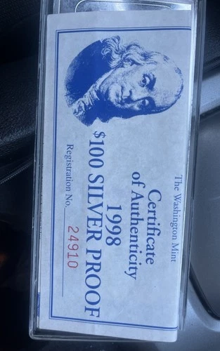 The Washington Mint 1998 $100 Silver Proof Bar 0.999 Silver with Certificate