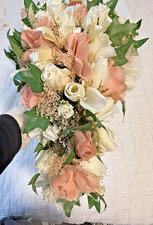 Wedding Bouquet Cream Ivory Pink Roses Rustic Lace Ribbon Bridal Faux Flowers