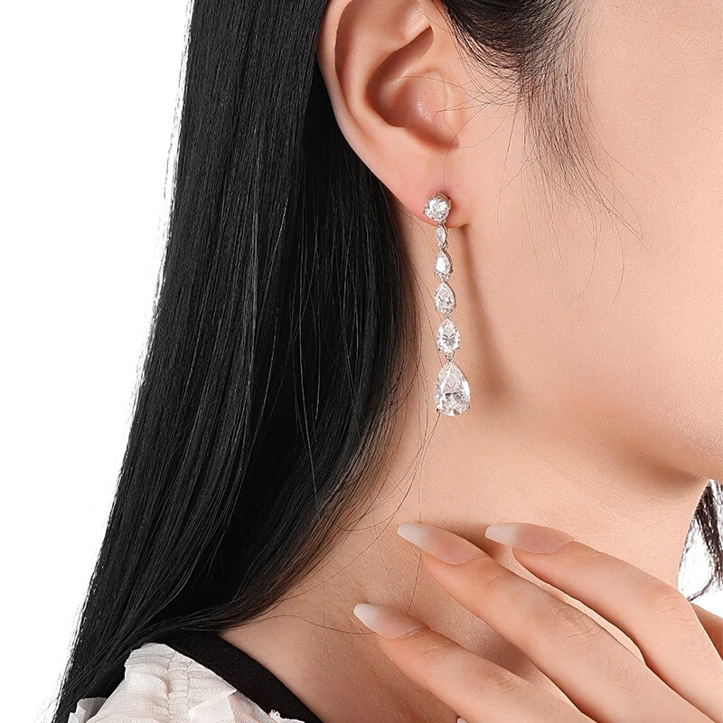 VVS1 Pear Cut Moissanite Tassel Drop Dangle Earrings Women 14k White Gold Plated - Image 2 of 4