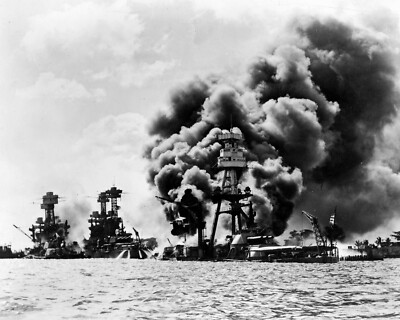 New 5 x 7 Photo of Burning Ships in Pearl Harbor After Attack - Black & White