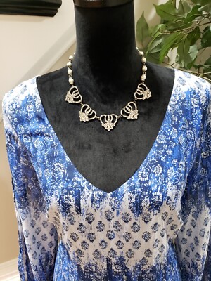 Emma & Michele Womens Blue White Floral Polyester V Neck