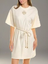 TORY BURCH T SHIRT MINI DRESS IVORY EMBELLISHED LOGO NAUTICAL ROPE BELT SZ M NWT