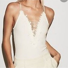 Express Womans White Lace Up Plunge Ribbed Bodysuit Edged in Lace Size Small