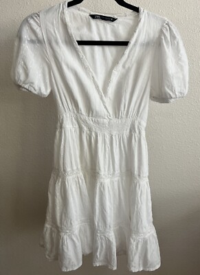 Zara white lace insert dress with puff sleeves (PRE OWNED) size XS | eBay