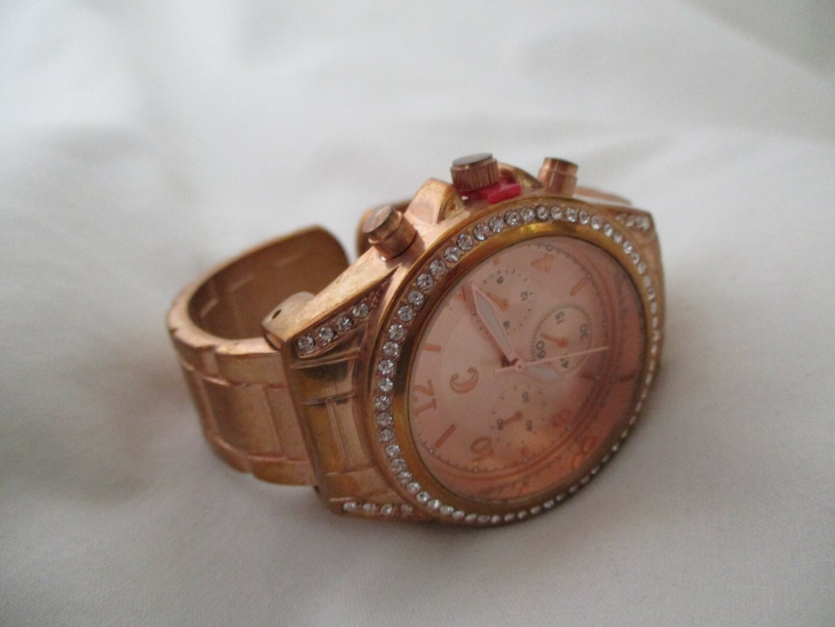 Charming Charlie Watch Rose Gold Toned Cuff Band Rhinestones 