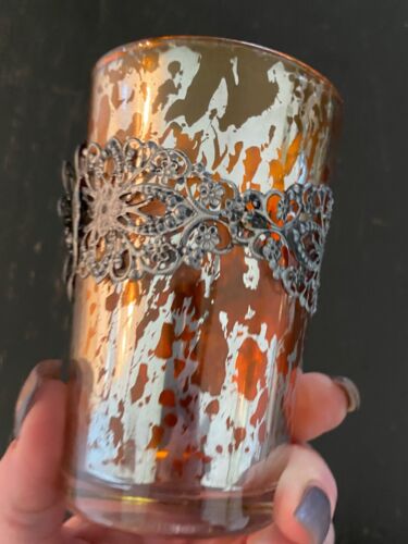 Vintage Orange Glass with Mercury Splash Design, & a Metal Jeweled Cage. - Picture 5 of 14