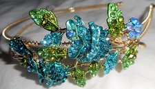 HAPACHICO LUPITA Headband Bud Roses Flower Gold Metal Rhinestones Blue Turquoise