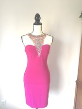 Rachel Allan Princess Dress 2785 Fuchsia beaded halter front cocktail Sz 4