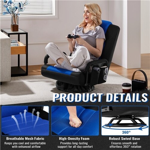 Swivel Gaming Chair Foldable Floor Lazy Chair 6 Adjustable Position Side Pocket - Picture 6 of 30