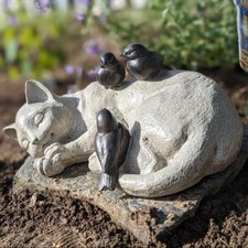 Sleeping Cat Garden Statues Outdoor - 12" Sparrows On Cat Figurine Memorial S...