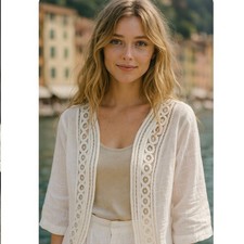 Chico s White Linen Blend Eylet Trim Boho Coastal Cowgirl European Summer Kimono