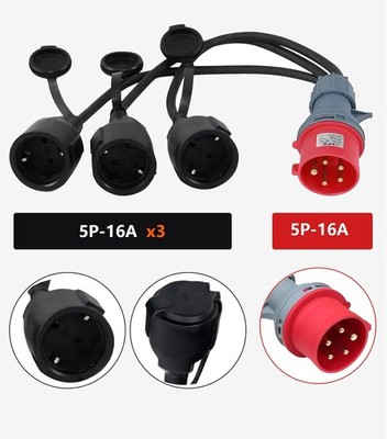 16A plug to 3x 230V rubber coupling 3x3500W with cable CEE adapter high current