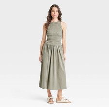 Universal Thread Smocked Maxi Drop Waist A-Line Pocket Dress Olive Green XS