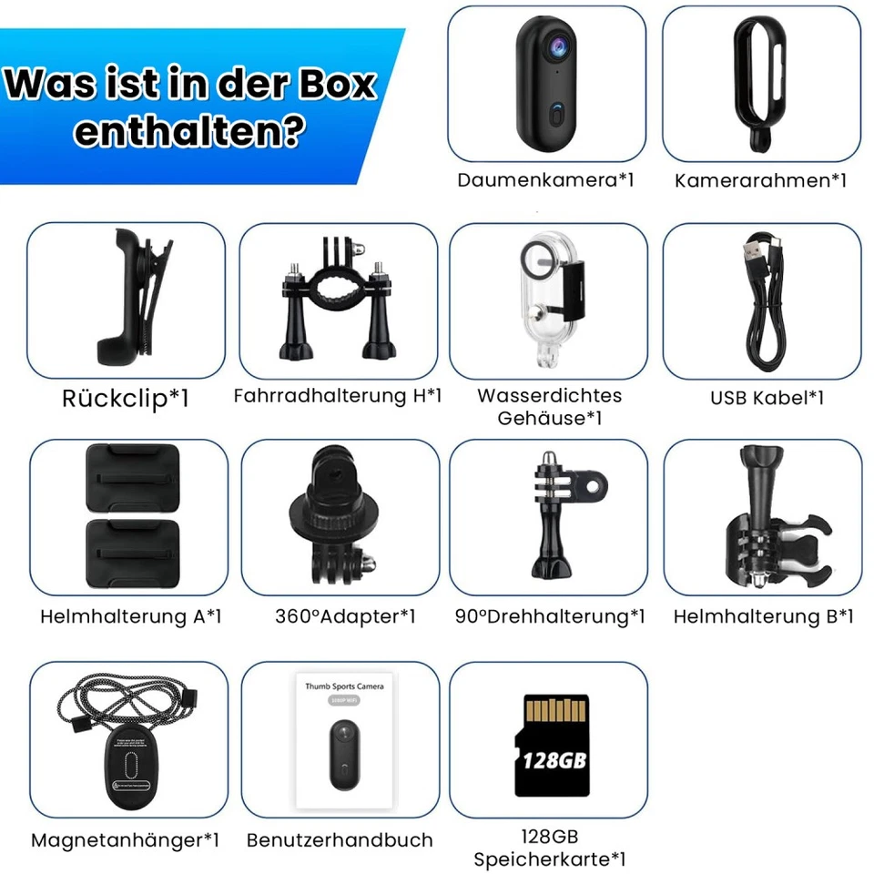 Action Cam 128G 4K 30FPS Mini Body Kamera WiFi 30M Wasserdicht Helmcamera Set - Bild 4 von 4