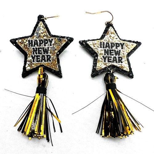 Happy New Year Earrings Party Star Glitter Tassel Tinsel Pierced Dangle