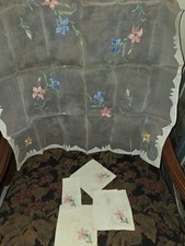 Beauty Sheer Haftowany Vintage Obrus 4 serwetki Zestaw lunchowy