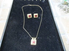 Park Lane Vintage Goldtone Necklace Victorian Design Red CZ w/earrings